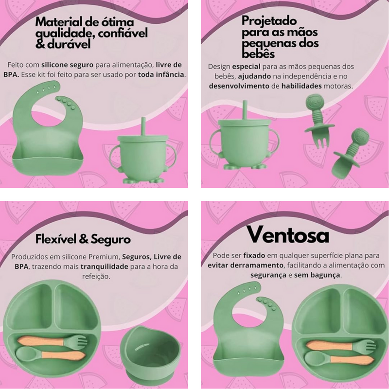 Kit Introdução Alimentar Bebê 8 Peças – Silicone Premium Verde Escuro | Segurança, Praticidade e Muito Estilo na Primeira Refeição
