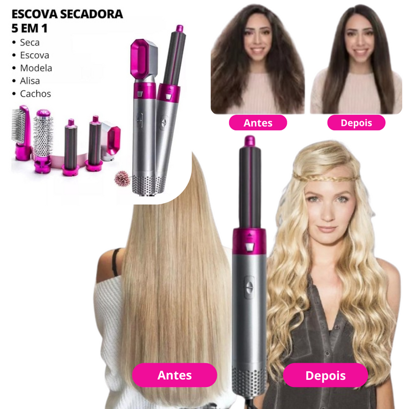 Escova Secadora de Cabelo 5 em 1 Multifuncional Pink – Cabelos Perfeitos em Minutos