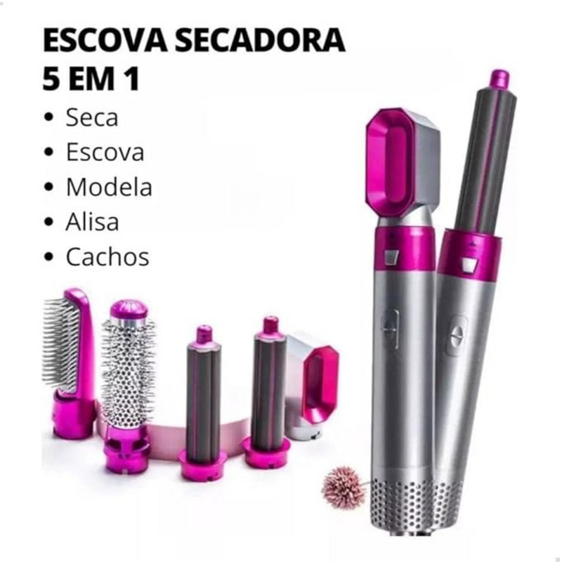 Escova Secadora de Cabelo 5 em 1 Multifuncional Pink – Cabelos Perfeitos em Minutos