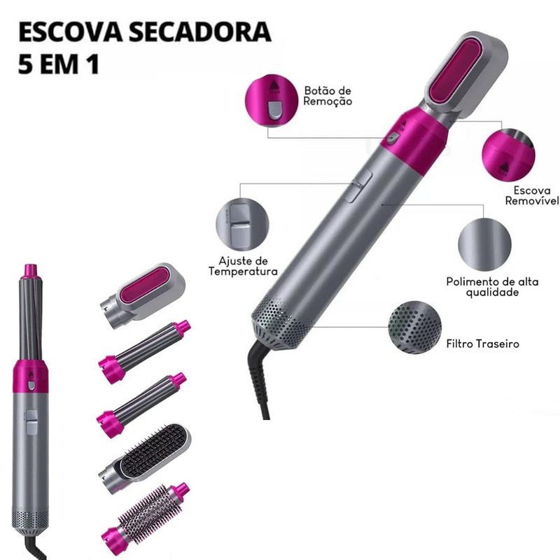 Escova Secadora de Cabelo 5 em 1 Multifuncional Pink – Cabelos Perfeitos em Minutos