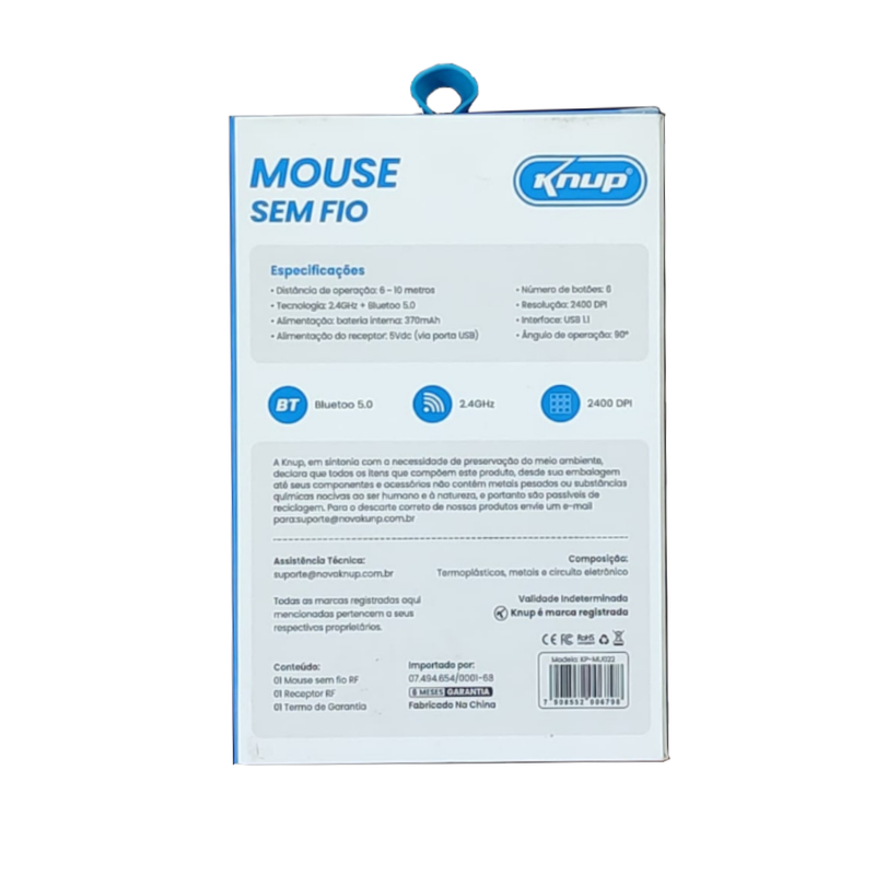 Mouse Sem Fio Knup KP-MU022 – Bluetooth 5.0 + 2.4GHz | Branco | 2400 DPI e Alta Performance