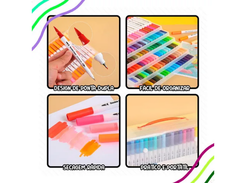 Kit Caneta Ponta Dupla 80 Unidades com Maletinha – Criatividade Sem Limites
