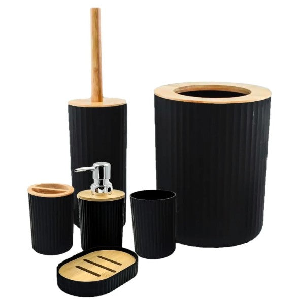 Kit de Acessórios para Banheiro 6 Peças Preto – Design Elegante com Toque Natural de Bambu