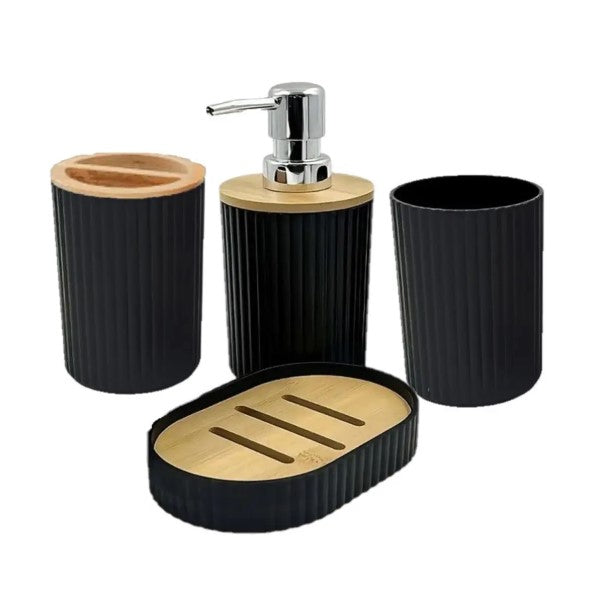 Kit de Acessórios para Banheiro 6 Peças Preto – Design Elegante com Toque Natural de Bambu