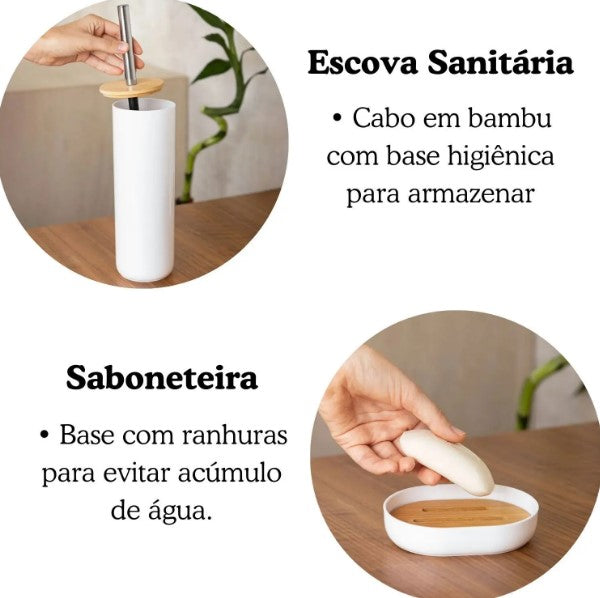 Kit de Acessórios para Banheiro 6 Peças Branco – Design Elegante com Toque Natural de Bambu