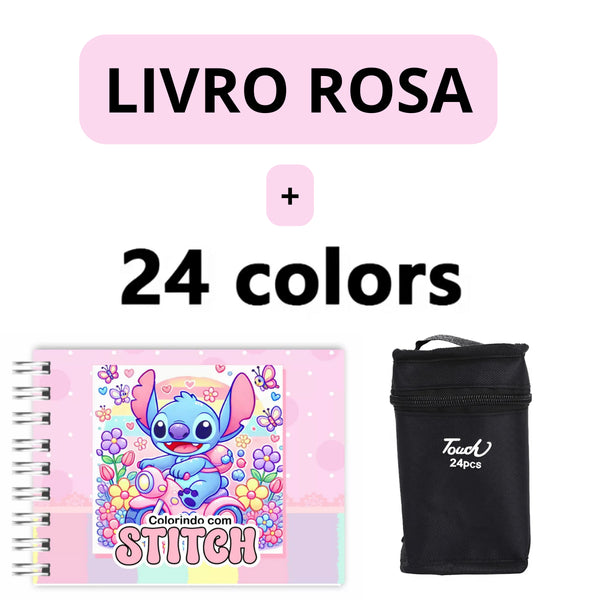 Kit Livro de Colorir + 24 Canetas Dupla Ponta – Tema de Filme (Rosa)