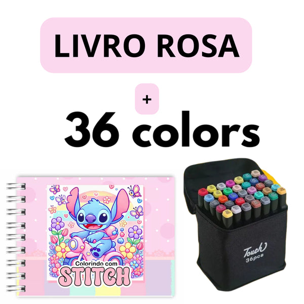 Kit Livro de Colorir + 36 Canetas Dupla Ponta – Tema de Filme (Rosa)