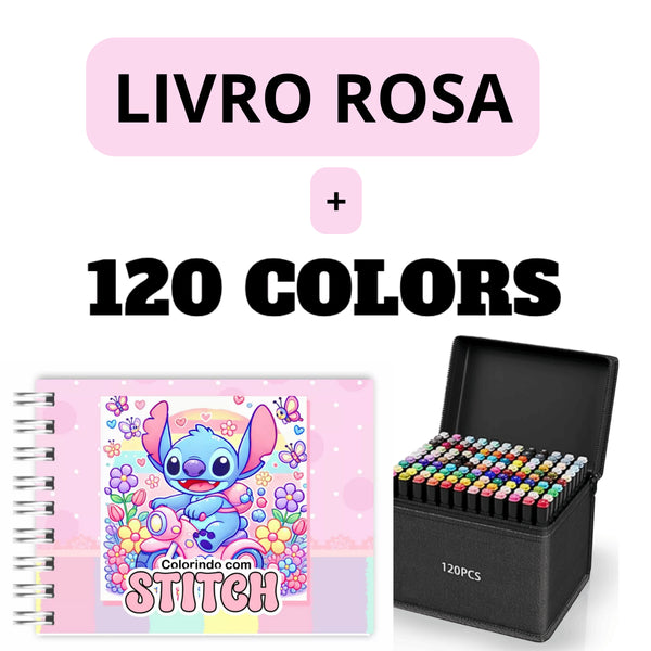 Kit Livro de Colorir + 120 Canetas Dupla Ponta – Tema de Filme (Rosa)