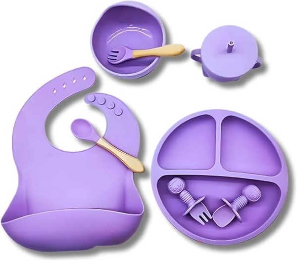 Kit Introdução Alimentar Bebê 8 Peças – Silicone Premium Roxo Claro | Segurança, Praticidade e Muito Estilo na Primeira Refeição