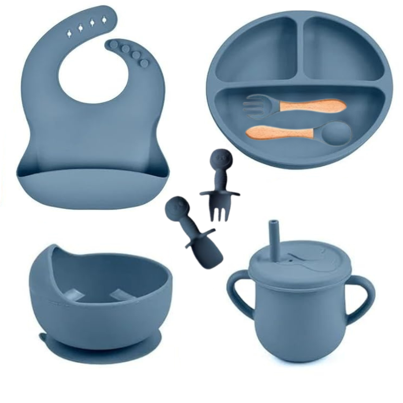 Kit Introdução Alimentar Bebê 8 Peças – Silicone Premium Azul Escuro ou Claro - Sortidos | Segurança, Praticidade e Muito Estilo na Primeira Refeição