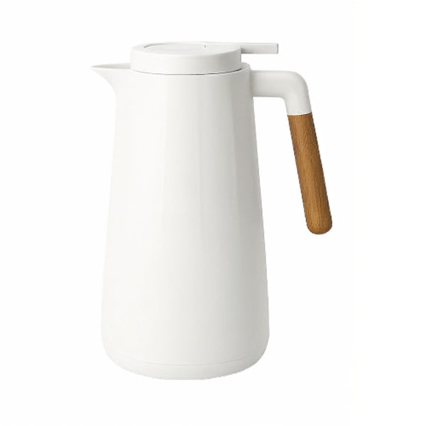 Jarro Garrafa Térmica 1L com Cabo em Madeira – Design Sofisticado, Calor que Dura - Branco Fosco