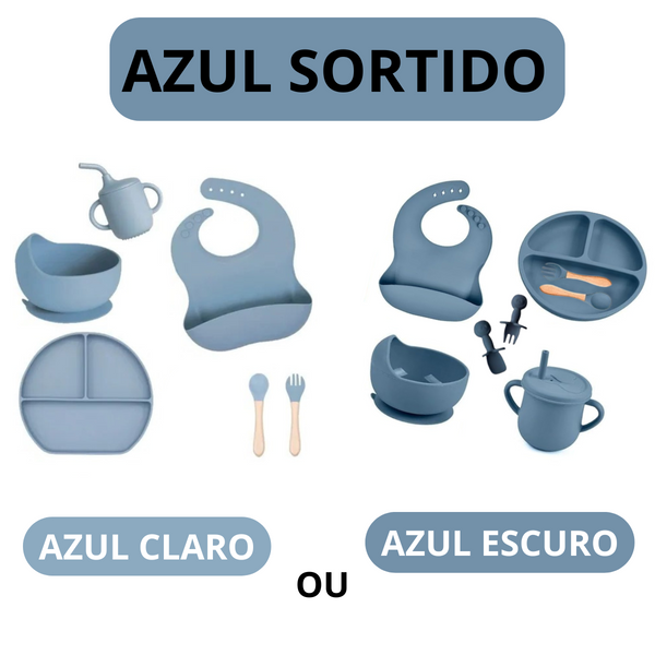 Kit Introdução Alimentar Bebê 8 Peças – Silicone Premium Azul Escuro ou Claro - Sortidos | Segurança, Praticidade e Muito Estilo na Primeira Refeição