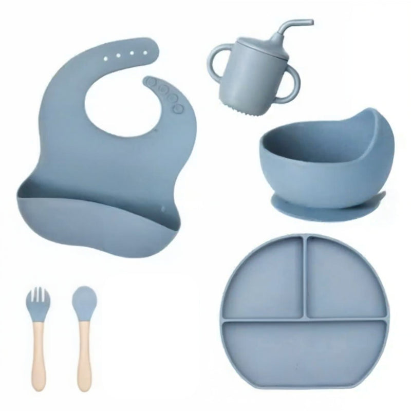 Kit Introdução Alimentar Bebê 8 Peças – Silicone Premium Azul Escuro ou Claro - Sortidos | Segurança, Praticidade e Muito Estilo na Primeira Refeição