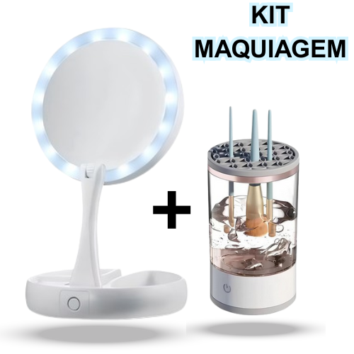 Kit Espelho Camarim com LED + Lavador de Pincéis Automático – Beleza Profissional com Praticidade Total