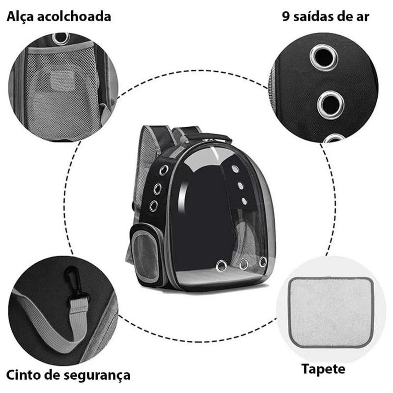 Mochila Pet Transporte para Cães e Gatos Preto – Visão Ampla, Conforto e Segurança em Cada Passeio
