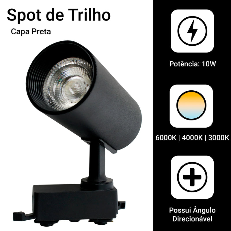 Kit Trilho Eletrificado 4m Preto + 10 Spots LED 10W Luz Fria – Iluminação Moderna, Eficiente e Econômica