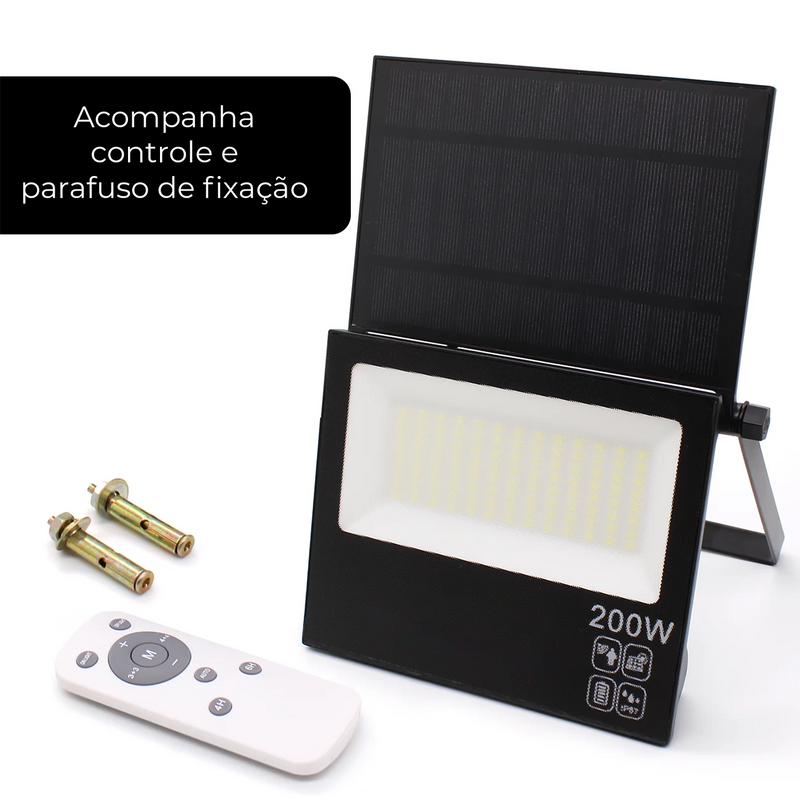 Refletor Solar LED 200W com Placa Ajustável Dobrável | IP67 | Sensor de Presença | Branco Frio