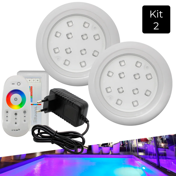 Kit Luminária de Piscina 2 SuperLEDs 18W + Módulo RGB com Fonte – Iluminação Subaquática Incrível
