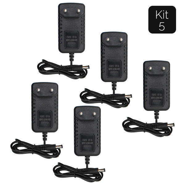 Kit com 5 Fontes de Alimentação Estabilizada 3A 12V para CFTV e Fita de LED Bivolt