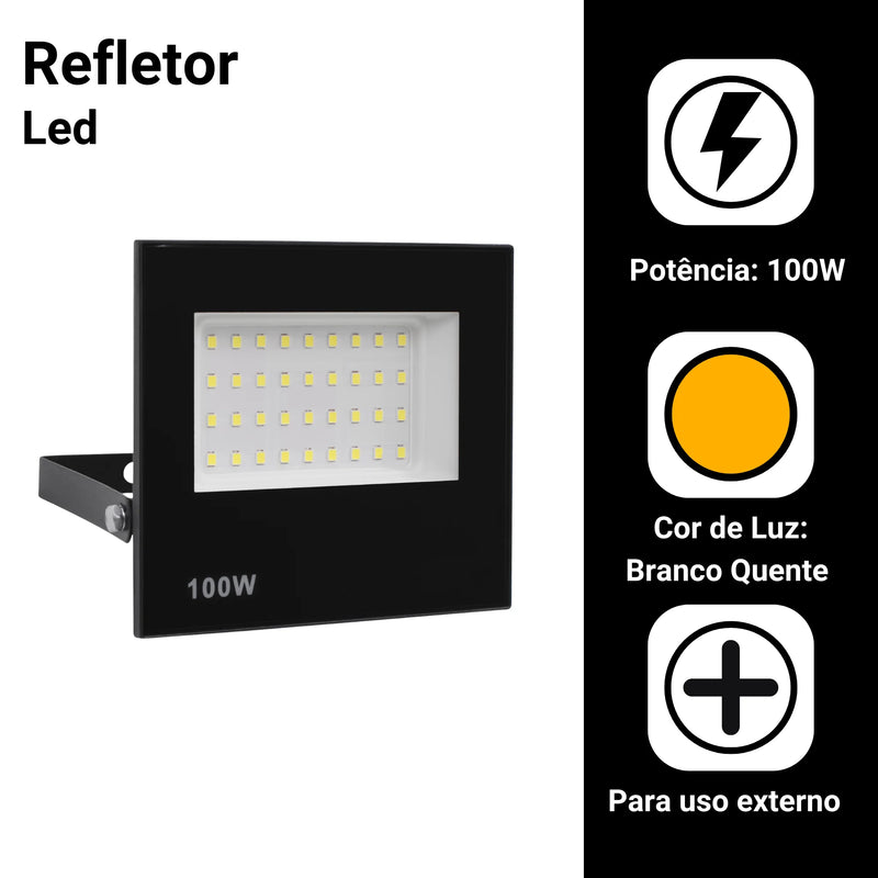 Refletor LED 100W Spotlight Bivolt IP66 – À Prova D’Água | Branco Frio, Branco Quente ou Verde