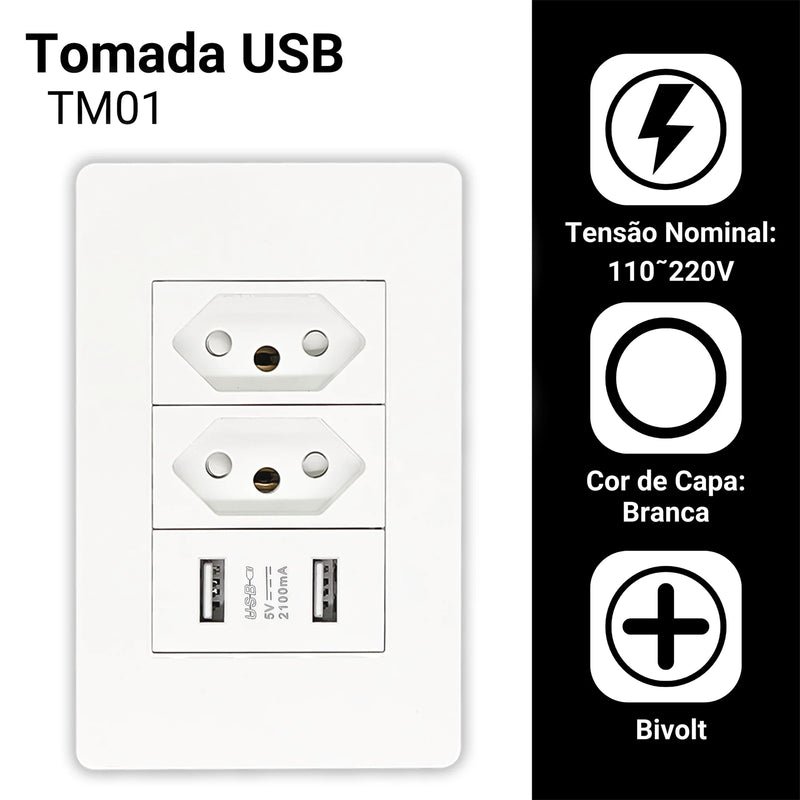 Kit 2 Tomadas com 2 Entradas USB – Carregador Universal TM01 Bivolt | Design Moderno e Proteção Avançada