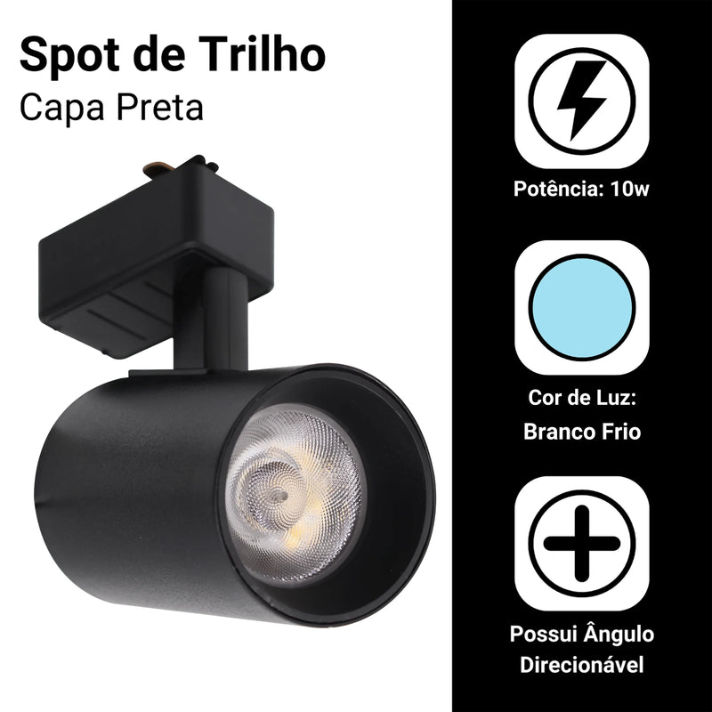Kit Trilho Eletrificado 4m Preto + 10 Spots LED 10W Luz Fria – Iluminação Moderna, Eficiente e Econômica