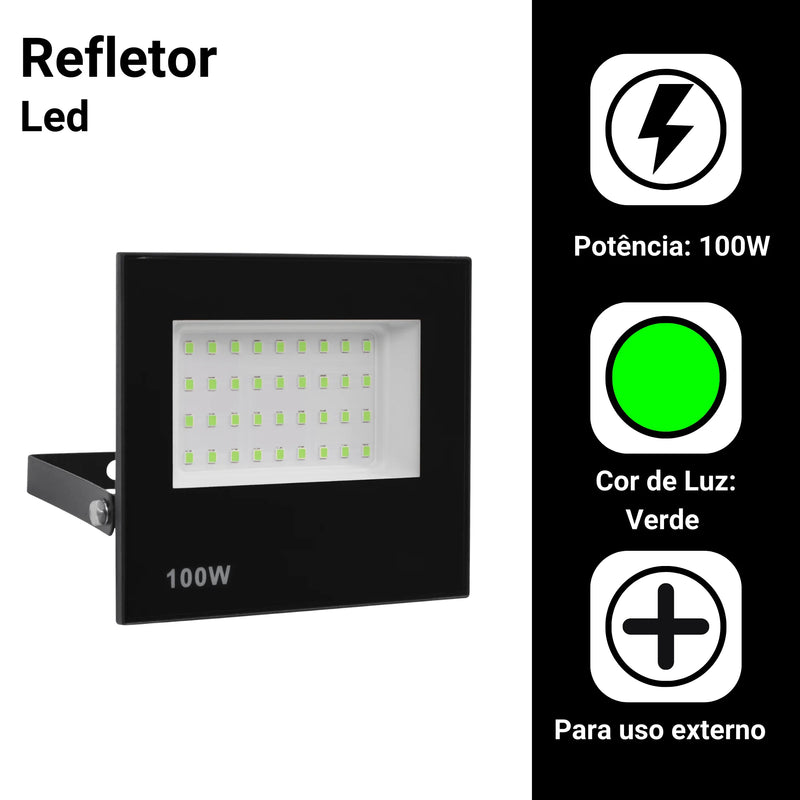 Refletor LED 100W Spotlight Bivolt IP66 – À Prova D’Água | Branco Frio, Branco Quente ou Verde