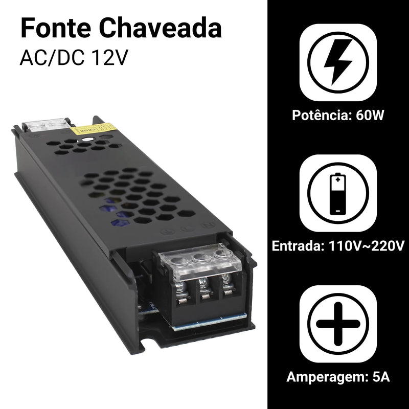 Kit com 2 Fontes de Alimentação 12V 5A 60W – Confiabilidade e Segurança para Fitas LED, Som Automotivo e Câmeras CFTV