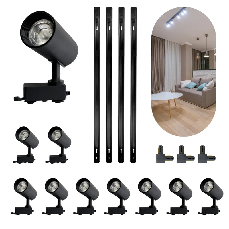 Kit Trilho Eletrificado 4m Preto + 10 Spots LED 10W Luz Fria – Iluminação Moderna, Eficiente e Econômica
