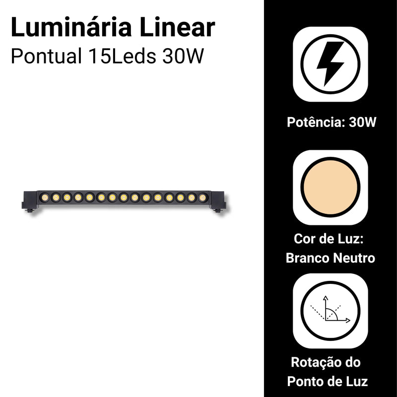 Luminária LED Linear Spot 15LEDs 30W Bivolt – Iluminação Sofisticada e Potente