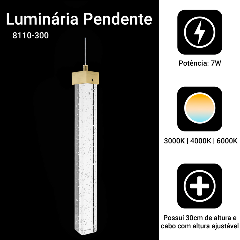 Lustre Pendente Cristal Bubble 8110-300 | LED Integrado 3 Cores | Design Sofisticado e Moderno