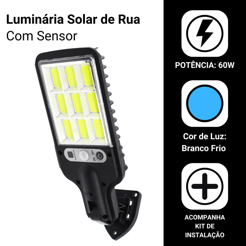 Mini Luminária Solar de Rua LED 60W com Sensor de Presença – 9COB | IP65 + Controle Remoto