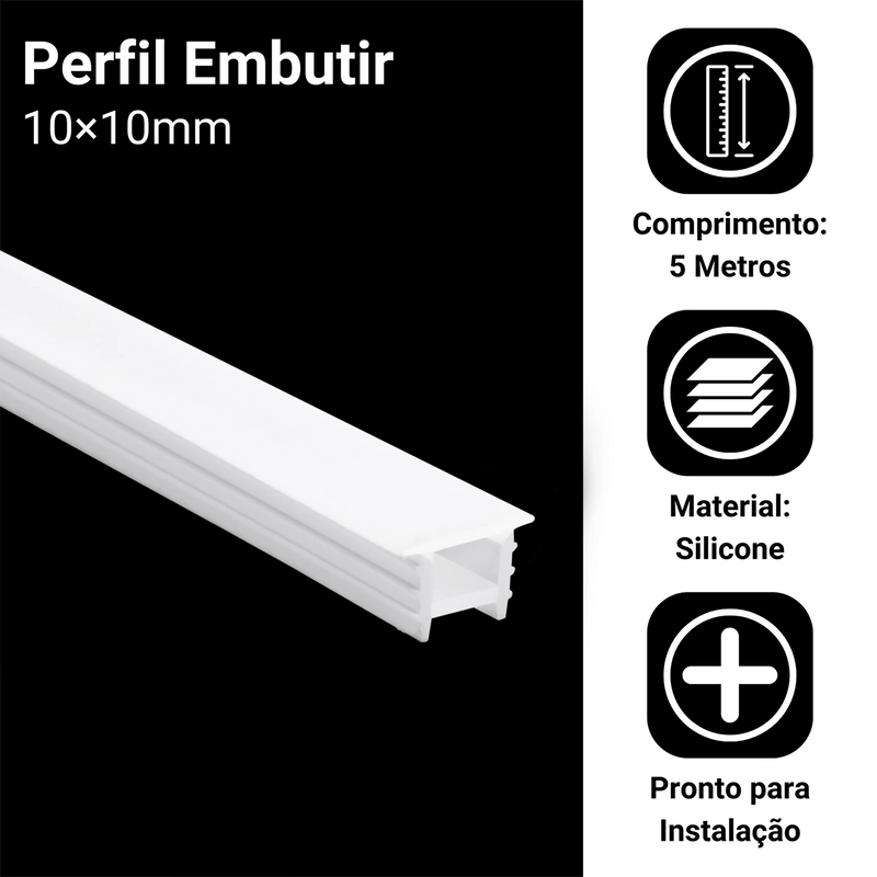 Perfil de Silicone Flexível 5m para Fita LED 10x10mm – Iluminação Embutida com Elegância e Precisão