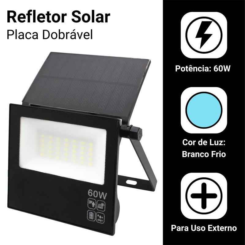 Refletor Solar LED 60W com Placa Dobrável – Iluminação Inteligente e Sustentável