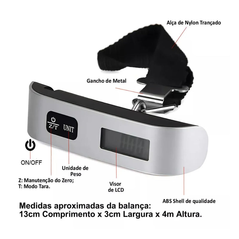 Balança Eletrônica Digital de Mão com Gancho para Bagagem – 50kg de Capacidade
