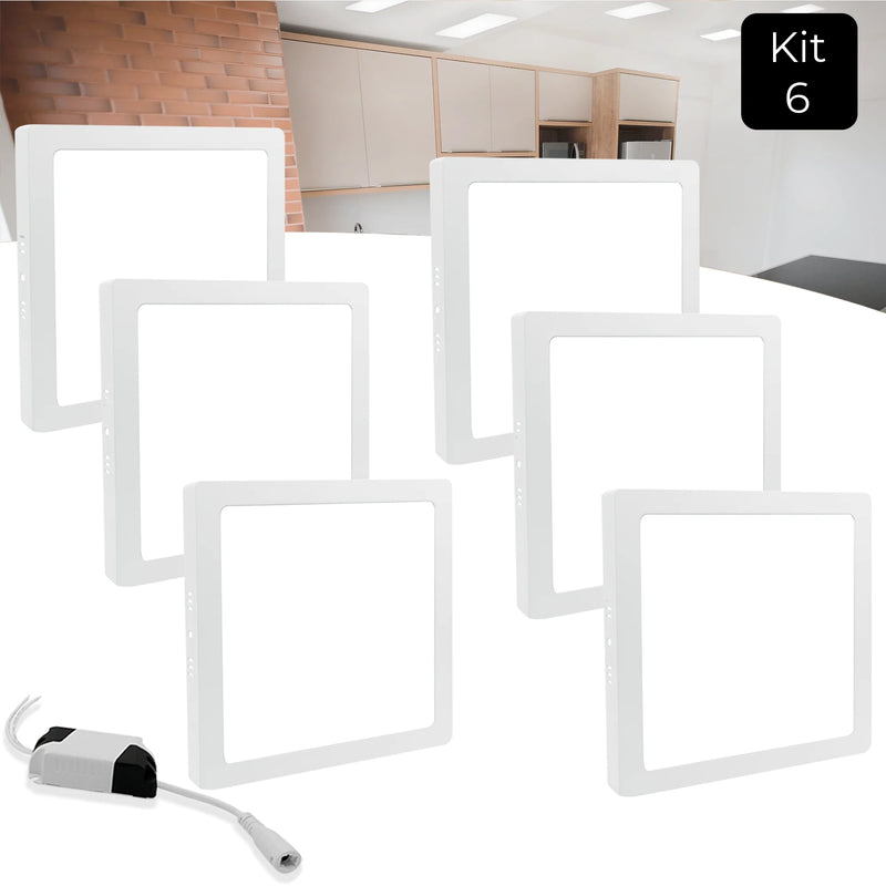 Kit com 6 Painéis LED 25W Sobrepor Quadrado – Luz Fria para Ambientes Modernos