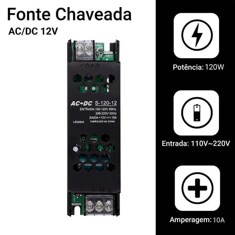 Fonte de Alimentação 10A 12V 120W - Para Câmeras CFTV, Fitas LED e Som Automotivo
