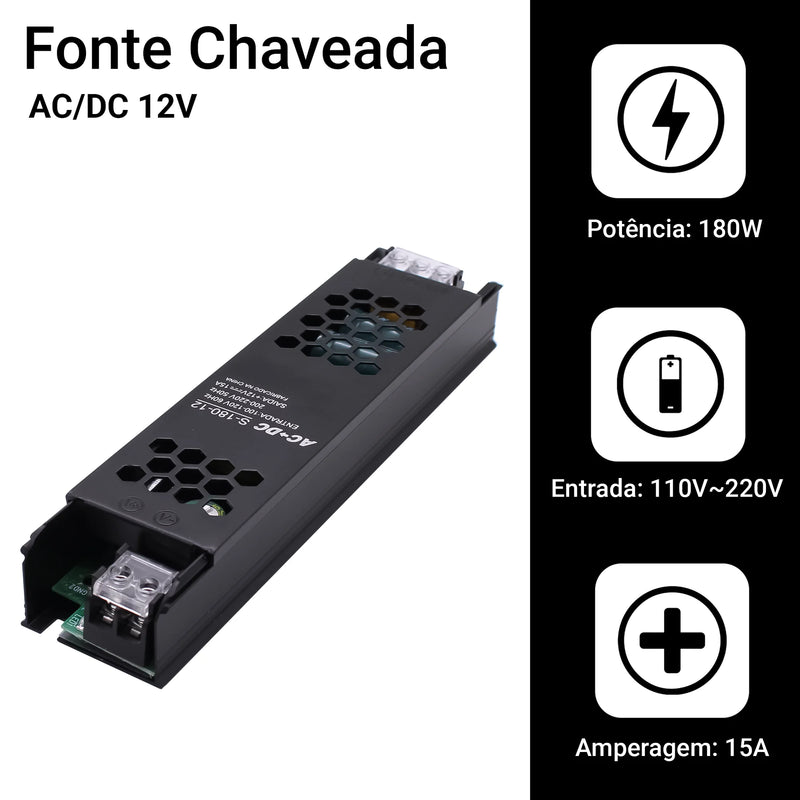 Kit 2 Fontes Chaveadas 12V 15A 180W – Potência Estável e Segura para CFTV, Som e LED