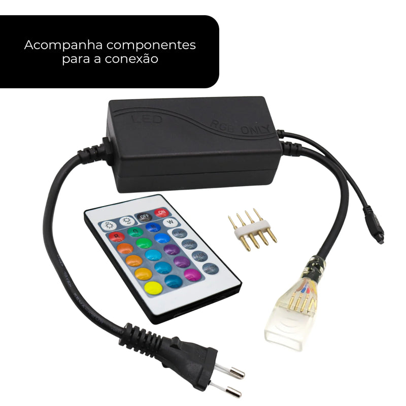 Fita Neon LED Flexível 15m com Fonte e Controle RGB – Ilumine, Decore e Personalize com Estilo