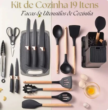 Kit Completo Jogo de Utensílios de Cozinha Luxo 19 Peças | Organização e Elegância para sua Cozinha