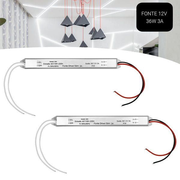 Kit com 2 Fontes Slim 12V 3A 36W | Discrição e Eficiência para Fitas de LED