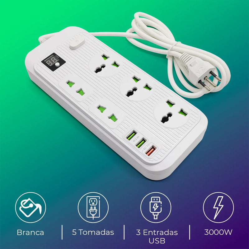 Régua de Extensão Elétrica 5 Tomadas + 3 USB com Timer e Carregamento Rápido – Segurança e Eficiência Total