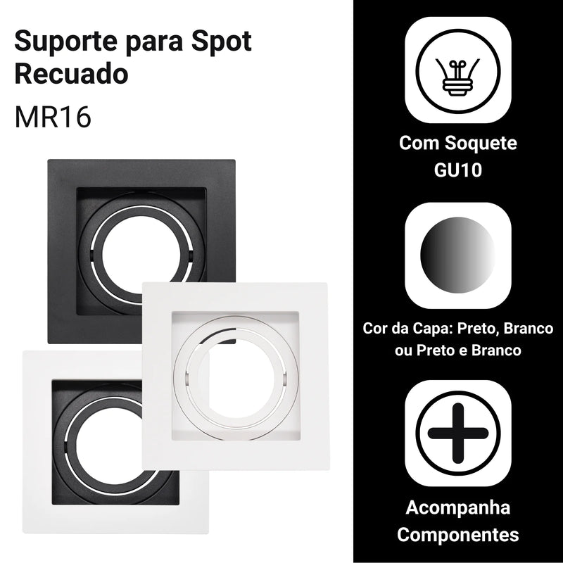 Suporte Recuado Embutido MR16 Quadrado – Design Sofisticado com Iluminação Direcionada