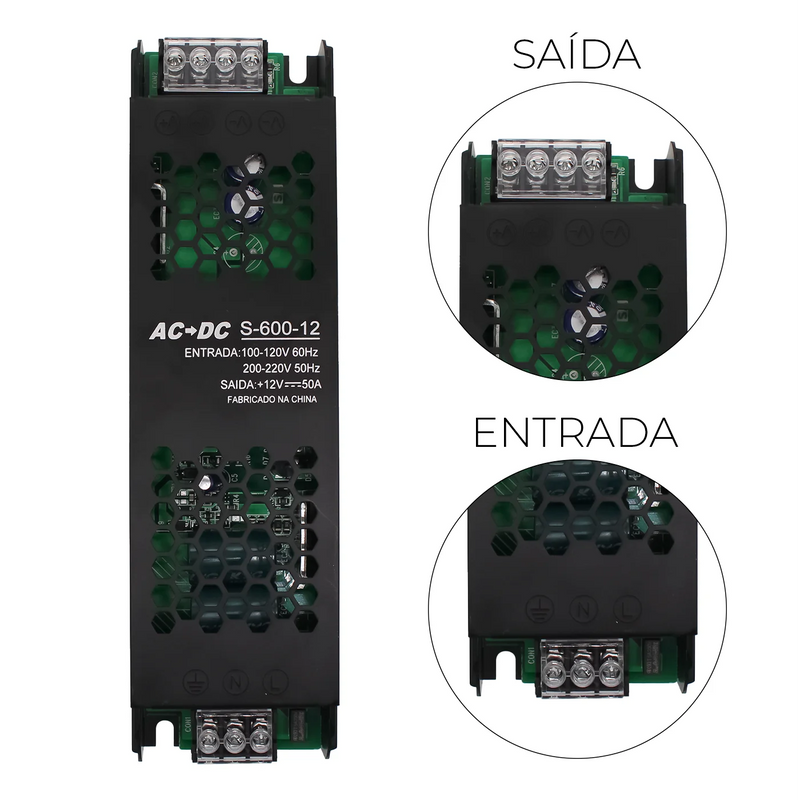 Fonte Chaveada 12V 50A 600W | Alta Potência para Fita LED, CFTV, Som e Mais