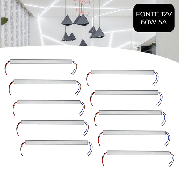 Kit 10 Drivers Slim Source para Fita LED 12V 5A 60W - Conexão de Alta Eficiência