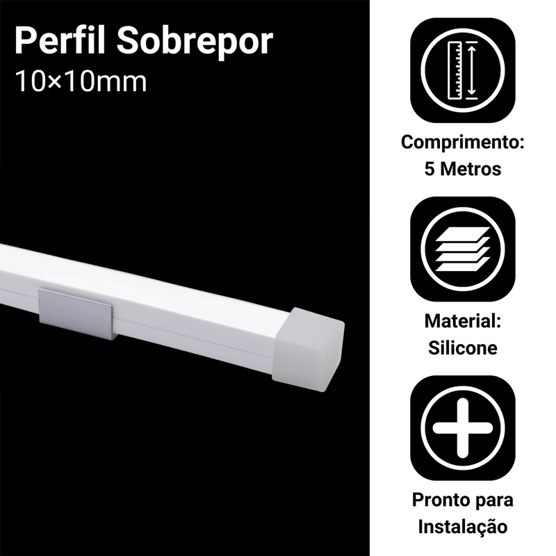 Perfil de Sobrepor em Silicone Flexível 10x10mm – Acabamento Profissional para Fitas de LED