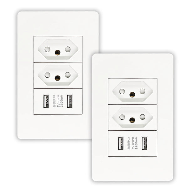 Kit 2 Tomadas com 2 Entradas USB – Carregador Universal TM01 Bivolt | Design Moderno e Proteção Avançada