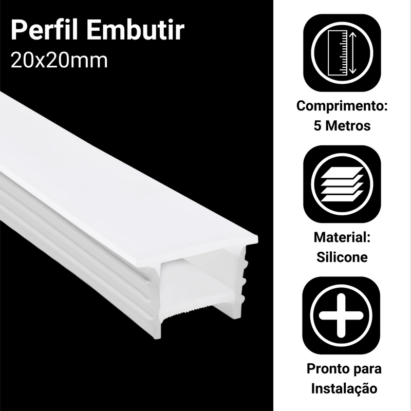Perfil de Silicone Flexível 5m para Fita LED 20x20mm – Design Moderno e Instalação Embutida