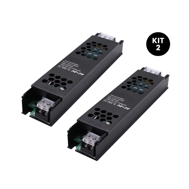 Kit 2 Fontes Chaveadas 12V 15A 180W – Potência Estável e Segura para CFTV, Som e LED