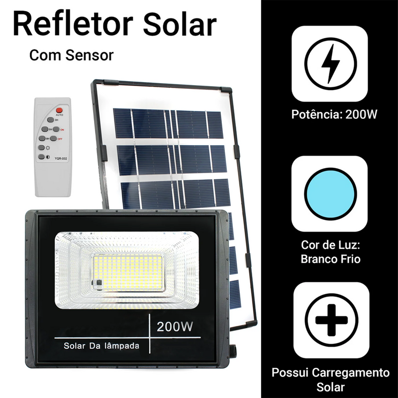 Refletor Solar LED 200W com Placa Solar | Autonomia de até 8h | IP65 | À Prova D’Água